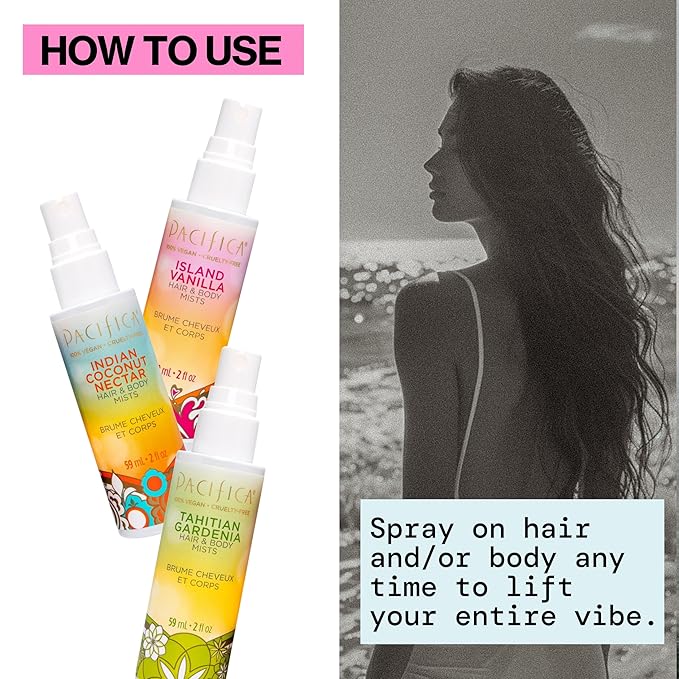 Pacifica Beauty Mini Fragrance Sampler, 3 Island Vanilla Scents - Hair Perfume & Body Spray Gift Set, Vegan & Cruelty Free