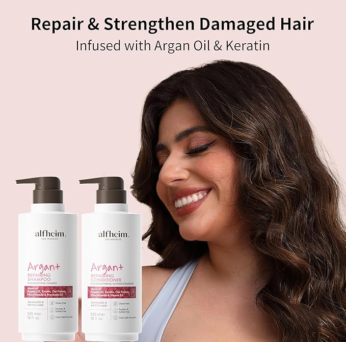 Alfheim Argan Repairing Shampoo & Conditioner | Sulfate-Free, Paraben-Free | Argan Oil, Keratin & Niacinamide for Dry, Damaged, Color-Treated Hair | Moisturizing, Strengthening & Frizz Control|18oz*2