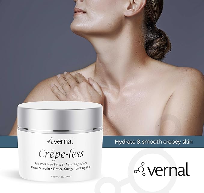 Vernal Crepe-less crepey skin firming cream to reduce crepey arms, neck & hands. Organic tightening cream to reduce thin wrinkled skin on arms, neck and body. Made in USA (4 Oz)