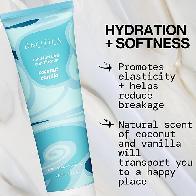 Pacifica Coconut Vanilla Moisturizing Hair Conditioner – Deep Hydrating Treatment for Dry & Damaged Hair, Restorative Shine, Vegan & Sulfate Free Clean Beauty & Hair Care 8 fl oz