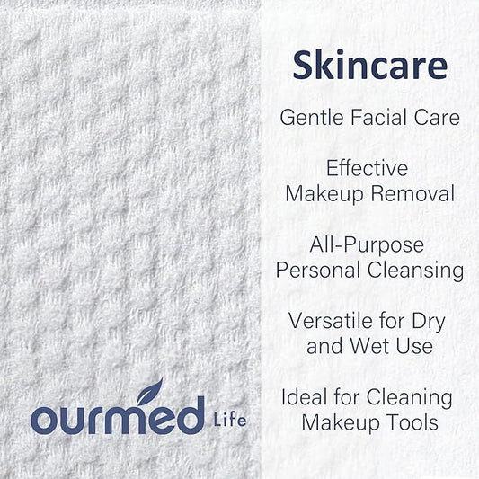 Ourmed Life Face Towels, Thicker Disposable Biodegradable Clean Face Wipes for Sensitive Skin, Lint- free Face Cloths for Makeup Remover, Skincare and Women Cleaning, Dry Wipes, 480 Count Dot Texture