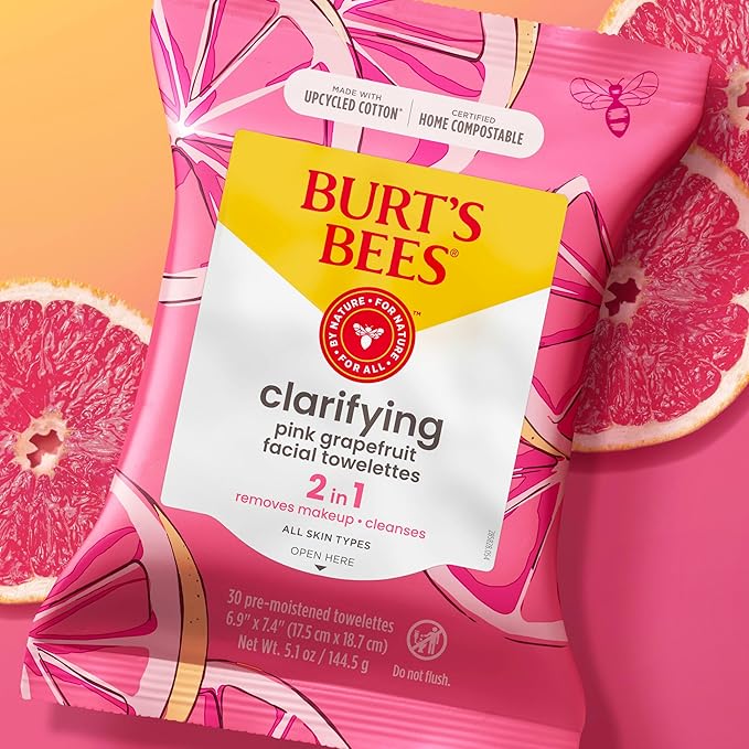 Burt's Bees Pink Grapefruit Face Wipes, for All Skin Types, Hydrating Makeup Remover & Facial Cleansing Towelettes, 30 Ct. (3-Pack)