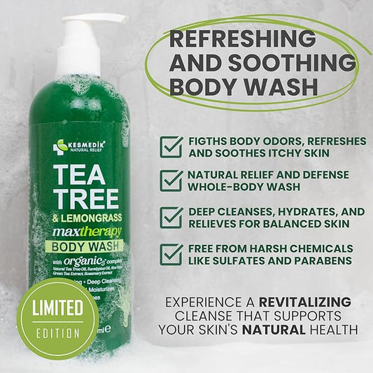 Tea Tree & Lemongrass Body Wash MaxTherapy, Itchy Skin Relief, Fights Body Odor, Soothes Jock Itch, Athlete's Foot, Ringworm & Sensitive Skin, Men & Women, 16 fl oz, Limited Edition