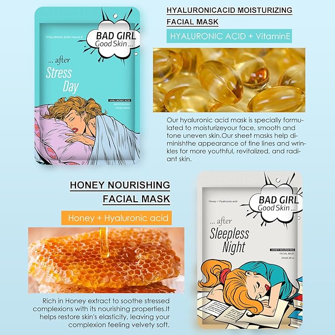 Face Masks Skincare Set for Girl,Moisturizing Collagen Facial Masks for Women Home Spa,Hyaluronic Acid Face Mask for All Skin Types,Day Night Facial Mask Hydrating,Deep Cleaning,Oil Contral(24Pack)