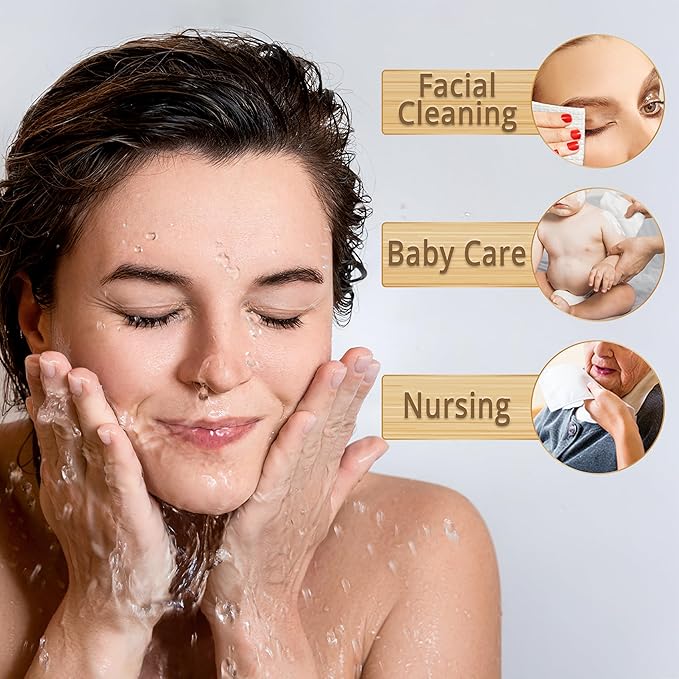 Luxe Bamboo Towel Container (Bamboo Box Towel Holder) with Disposable Face Towels Biodegradable Large Dry Wipes 100 Count Extra Thick Soft Clean Facial Towels for Facial Cleansing