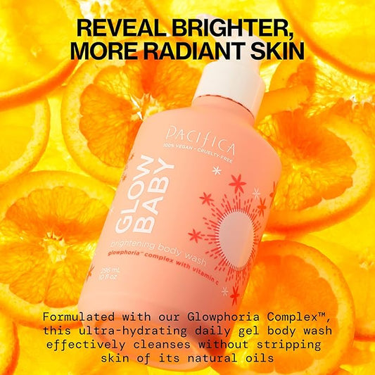 Pacifica Glow Baby Brightening Body Wash – Vitamin C & AHA Exfoliating Body Wash for Glowing Skin, Moisturizing Daily Shower Gel for Dull Dry Skin, Niacinamide & Kakadu Plum, Vegan, 10 oz