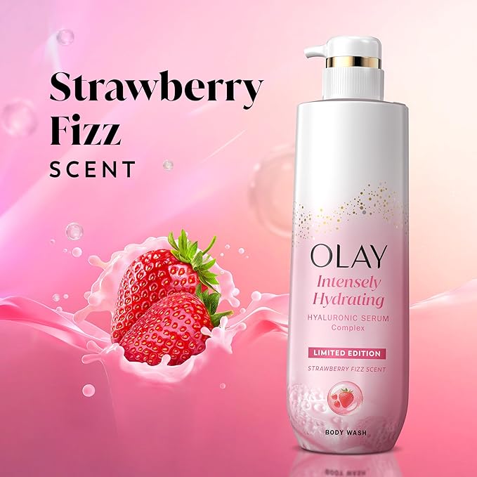 Olay Body Wash for Women, Intensely Hydrating, Pro-Hyaluronic Acid Serum Complex, Renews Moisture, Vitamin B3 Lameller Technology, For All Skin Types, Strawberry Summer Fizz Scent, 20 fl oz