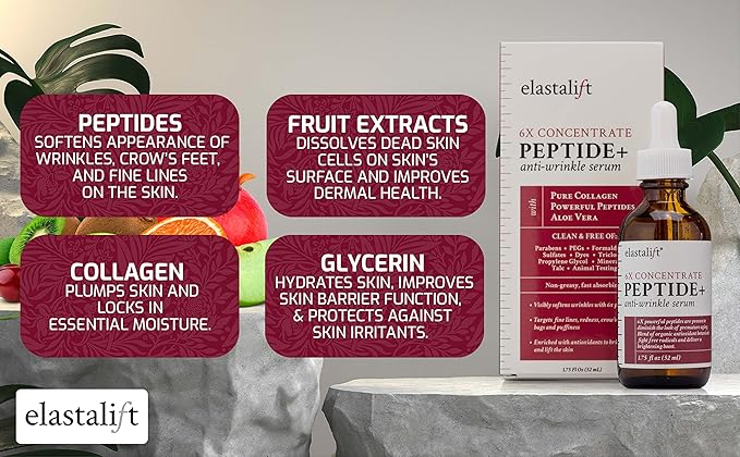 Elastalift Peptide Facial Serum Moisturizer Skin Care Oil For Face, Wrinkles, Fine Lines, & Puffiness. Moisturizing 6X Peptide Concentrate Serum W/Collagen Plumps, Lifts, Evens Skin Tone, 1.75 Fl Oz