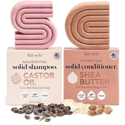 Kitsch Castor Oil Shampoo & Shea Butter Conditioner Bar – Shampoo and Conditioner Set - Hydrating & Moisturizing Bar Soap - Free of Paraben, Silicone, Sulfate - Made in USA - 2pc Set