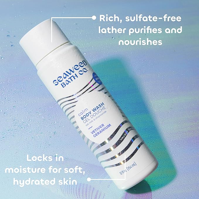 Seaweed Bath Co. Calm Body Wash - Vetiver Geranium - Hydrating Foaming Cleanser with Soothing Oat Milk & Chamomile - Vegan, Paraben and Sulfate Free Shower Gel - 12 oz