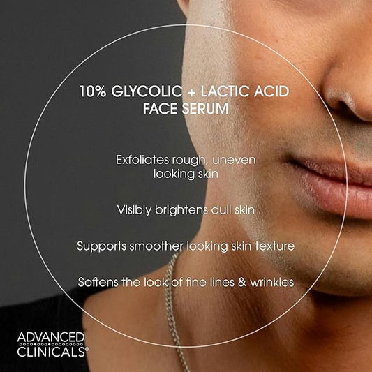 Advanced Clinicals Exfoliating 10% Glycolic Acid Serum For Face + Lactic Acid | Facial Exfoliant AHA + Salicylic Acid Serum To Improve Look Of Large Pores, Uneven Skin Tone, & Dark Spots, 1.75 FL Oz