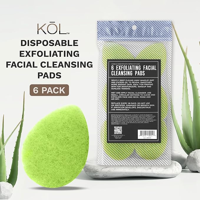 KOL Face Scrubber, Aloe Infused Exfoliating Facial Cleansing Pads, Disposable Exfoliator Face Sponge for Daily Cleaning and Makeup Removal, 6 Count