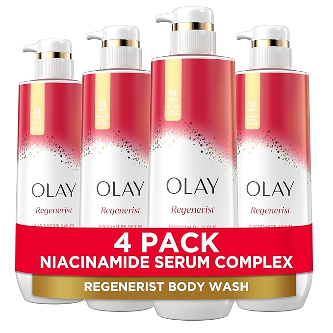 Olay Body Wash for Women, Regenerist Smoothing, Niacinamide Serum Complex, Renews Moisture, Free of Parabens & Phthalates, Vitamin B3 Lameller Technology, For All Skin Types, 20 fl oz (Pack of 4)