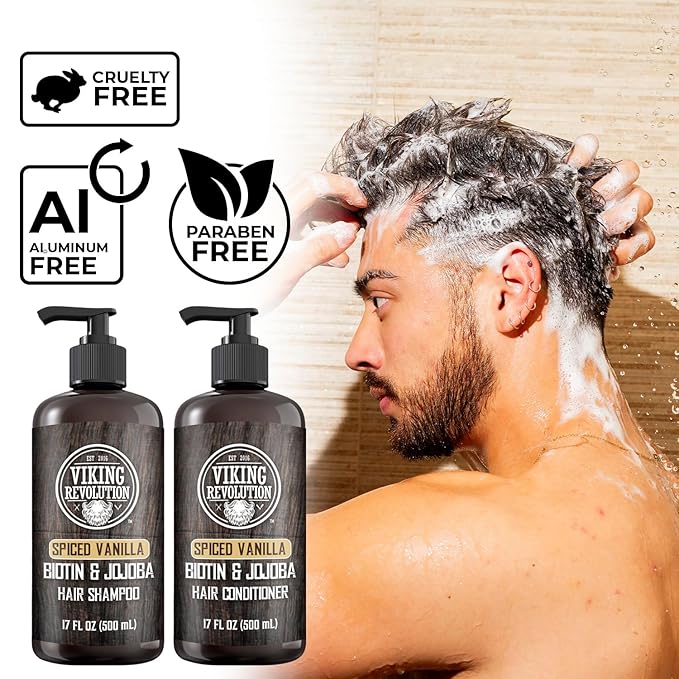 Viking Revolution Spiced Vanilla Mens Shampoo and Conditioner Set with Biotin and Jojoba Oil - Natural Hair Shampoo and Hair Conditioner for Men with Vitamin B5 - Mens Shampoo for Thinning Hair (17Oz)