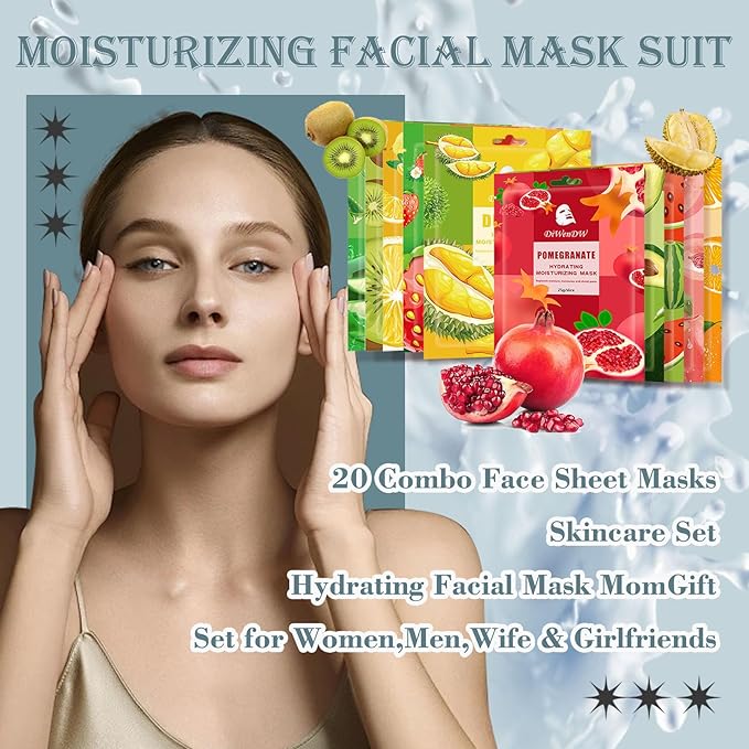 20 Pack Sheets Face Mask Skincare Set,Deep Hydrating Facial Mask for Men & Women,Gentle Long Lasting Moisturizing Face Masks Skin Care for All Skin Types