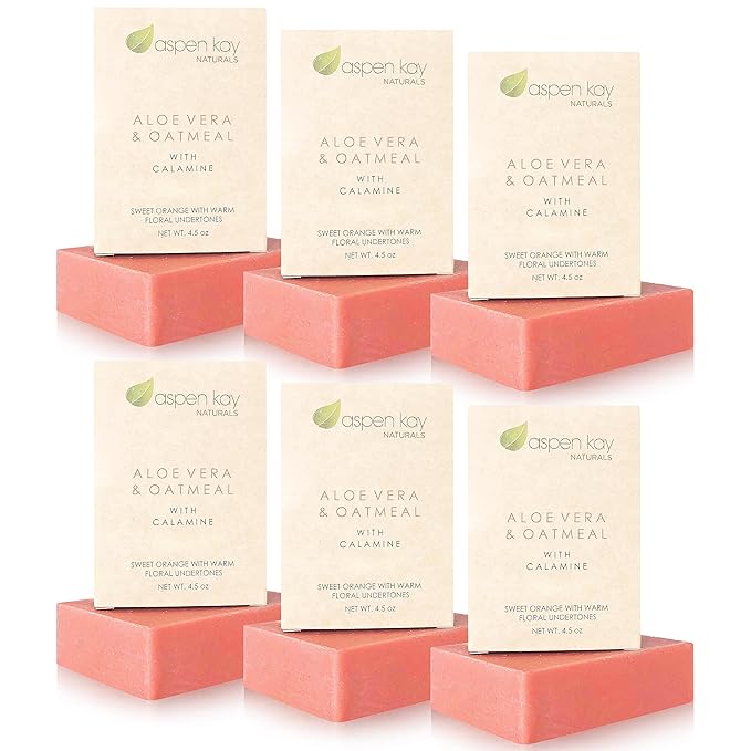 Aloe Vera & Oatmeal Soap Bar with Calamine, Natural & Organic Ingredients - Organic Aloe Vera & Colloidal Oats. Face & Body - for Men, Women & Teens. Gentle Body Wash. 4.5 oz Bar (Pack of 6)