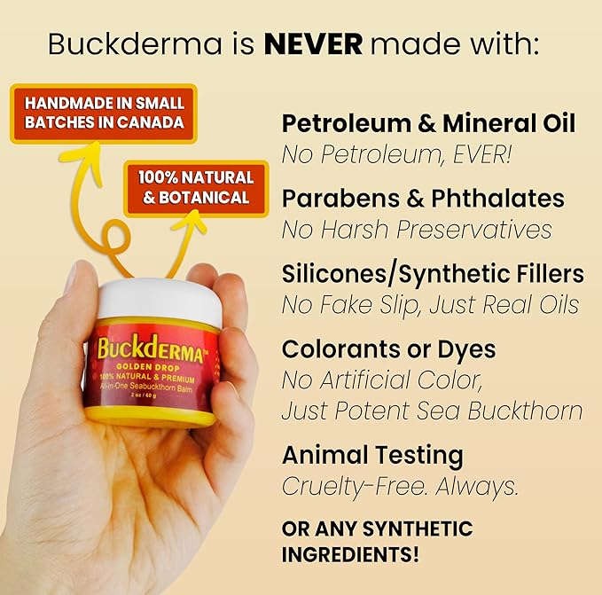Buckderma - 100% Natural All-In-One Seabuckthorn Balm - Facial Moisturizer, Oil Cleanser, Overnight Mask, Makeup Remover, Lip Balm, Hand Cream, Foot Butter and More