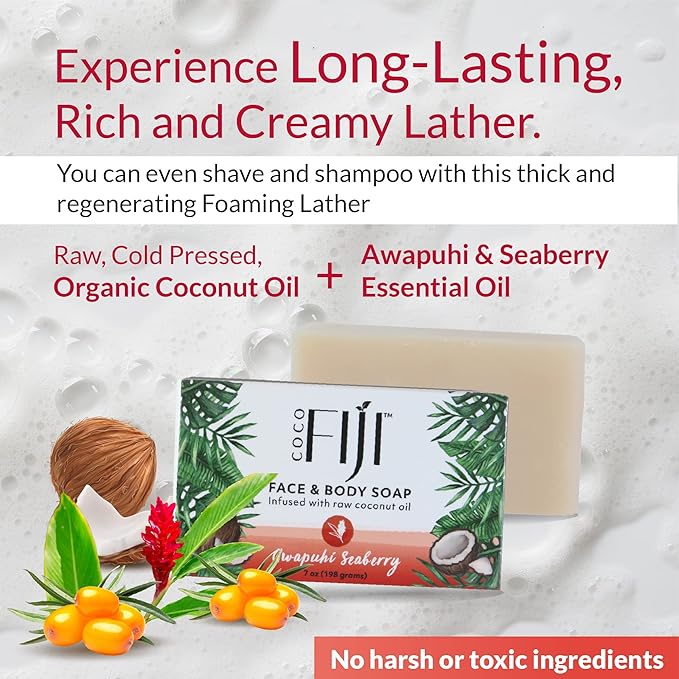 "Coco Fiji Soap Bar for Face and Body Infused With Organic Coconut Oil, Awapuhi Seaberry, Essential Oil, Natural Soap for Moisturizing & Pore Purifying Skin, 7 oz, Pack Of 2 "