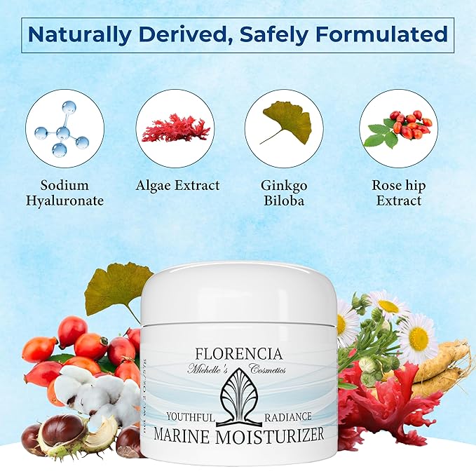 Florencia Marine Moisturizer - Youthful Radiance Face & Neck Cream - Hydrating, Nourishing, Wrinkle, Rejuvenating Cream with Marine Algae Extracts and Hyaluronic Acid for Men & Women, 2 oz