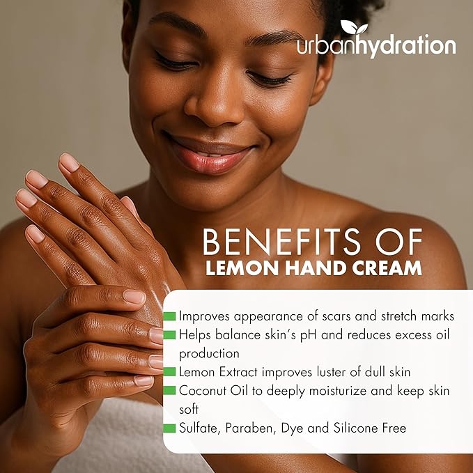 Urban Hydration Lemon Hand Cream, 4oz – Moisturizing Hand Cream with Coconut Oil and Lemon Extract, for Dry and Rough Skin, Sulfate, Paraben, Dye, and Silicone-Free
