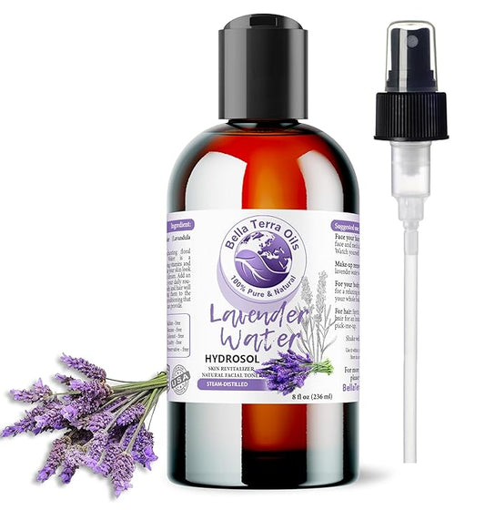 Bella Terra Oils - Lavender Water Spray 8 oz - Steam-Distilled Perfection, Bursting with Vitamin K & Omega-9, Elevate Your Skin Refreshment Routine