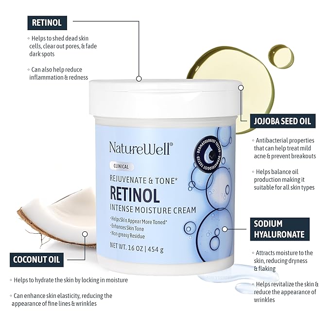 NATURE WELL Clinical Retinol Advanced Moisture Cream for Face, Body, & Hands, Boosts Skin Firmness, Enhances Skin Tone, No Greasy Residue, 10 Oz (Packaging May Vary)