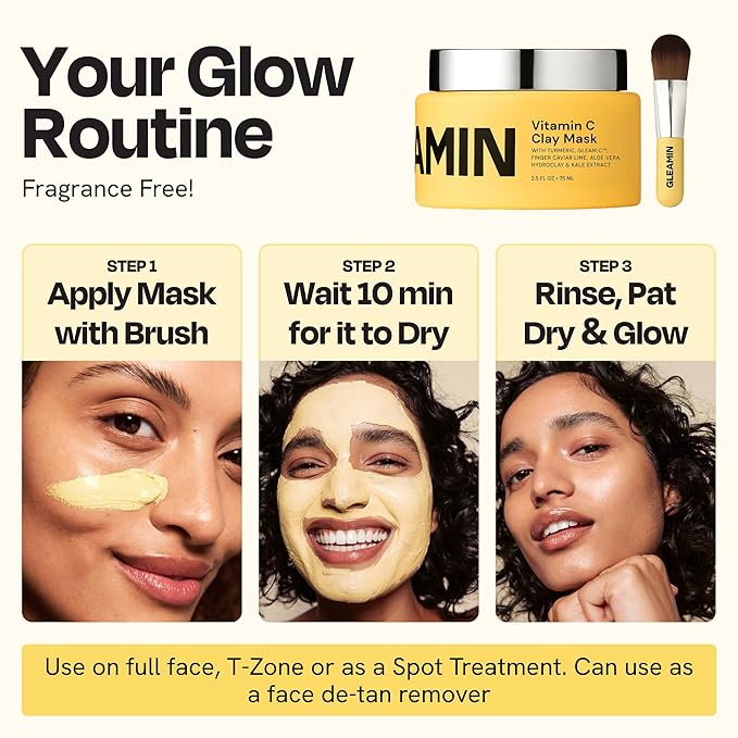 Gleamin Vitamin C Clay Mask for Dark Spots, Turmeric Clay Face Mask Skin Care, Deeply Cleanses & Refines Pores, Brightens Uneven Tone and Helps Improve Post-Blemish Scarring & Texture, Up to 20 Uses