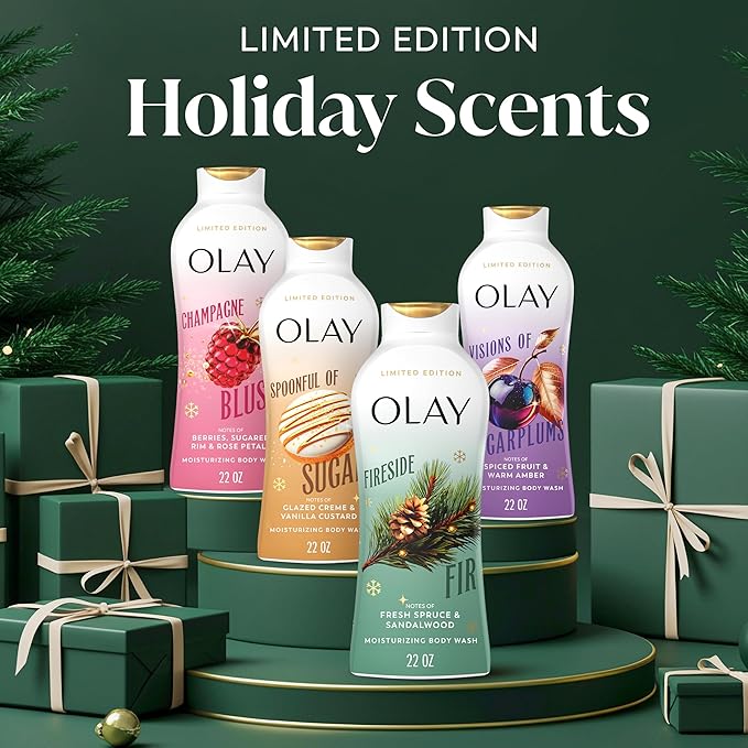 Olay Body Wash for Women, Hydrating & Moisturizing, Holiday Edition, With Plant Based Cleansers, B3 Complex, For All Skin Types, Fireside Fir with Fresh Spruce & Sandalwood Scent, 22 fl oz