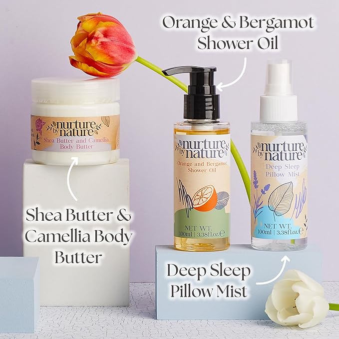 Nurture by Nature Relaxing Spa Gifts for Women - New Mom Gifts Care Package for Women with Deep Sleep Pillow Spray & Bath Salts, Vegan & Cruelty Free New Mommy Essentials - Baby Shower Gift Baskets