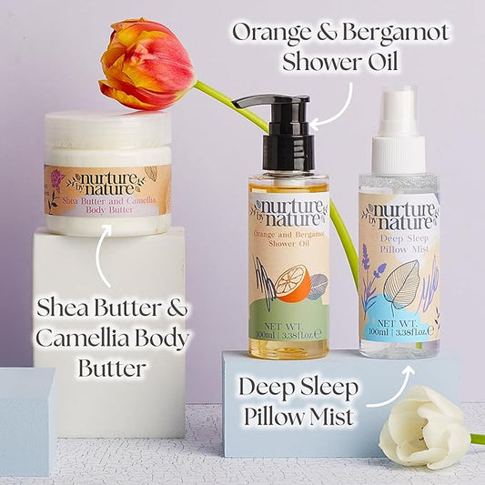 Nurture by Nature Relaxing Spa Gifts for Women - New Mom Gifts Care Package for Women with Deep Sleep Pillow Spray & Bath Salts, Vegan & Cruelty Free New Mommy Essentials - Baby Shower Gift Baskets