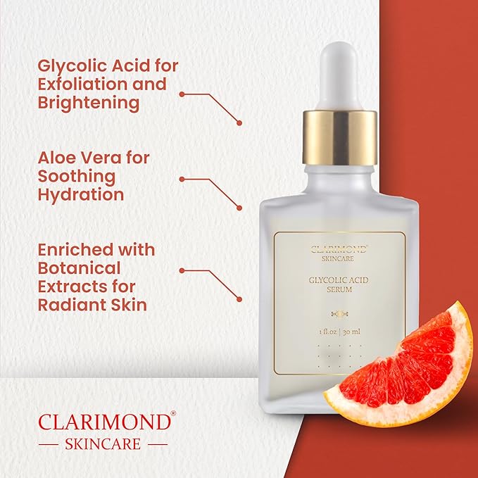 CLARIMOND Glycolic Acid Serum | Gentle 10% Exfoliating AHA | Aloe Vera & Botanical Extracts | Hyaluronic Acid | Lightweight Hydration | 1 fl oz