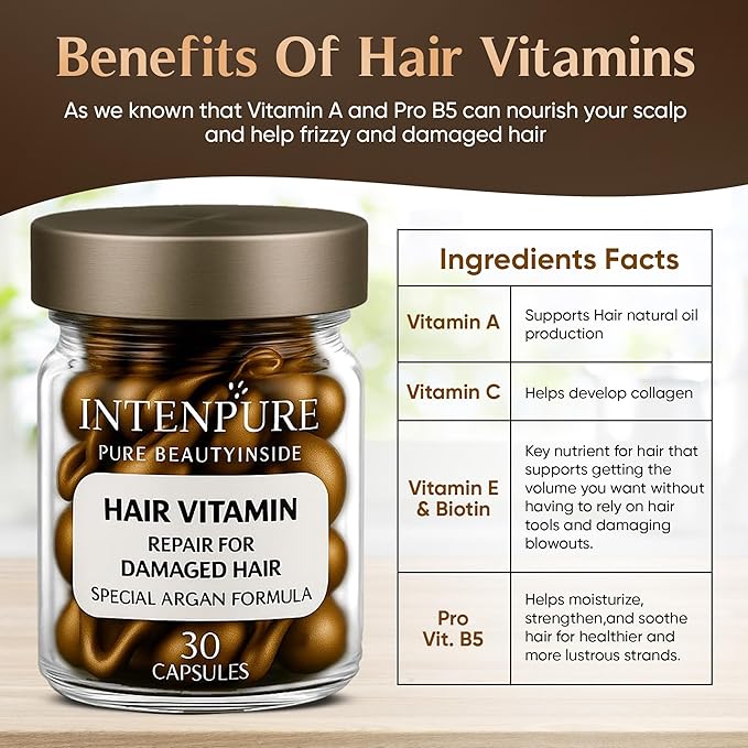 INTENPURE Hair Vitamin Capsules for Women – No Wash Argan Oil Hair Serum Treatment – 30 Ampoules for Damaged, Color-Treated, Frizzy Hair – Vitamins for Hair Growth & Hair Loss Support