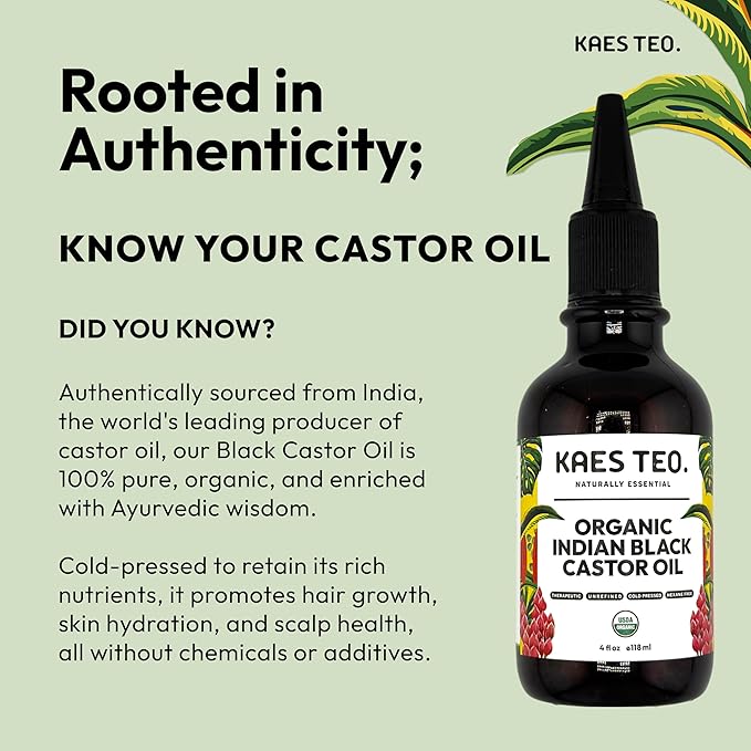 Organic Black Castor Ayurvedic Hair Oil Hexane Free, Boost Hair Growth, Not Jamaican Black Castor Oil, 100% Pure, Cold Pressed, USDA Certified, Skin, Nail, Scalp, Eyebrows & Lashes 4 fl oz