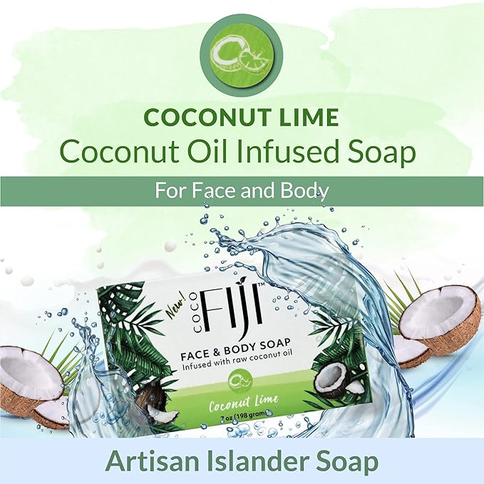 "Coco Fiji Soap Bar for Face and Body Infused With Organic Coconut Oil, Coconut Lime, Essential Oil, Natural Soap for Moisturizing & Pore Purifying Skin, 7 oz, Pack Of 3 "