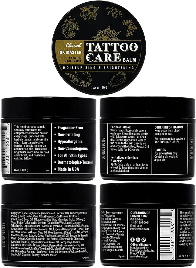 Ebanel Tattoo Balm 6oz, Premium Tattoo Aftercare Cream Brightener Ink Color Enhancing Butter Moisturizer with Herbal Essences and Essential Oils, All-Stage Tattoos Ointment After Care Kit Supplies