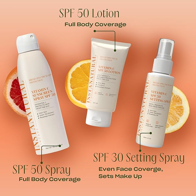 InstaNatural Skin Care Vitamin C SPF 30 Broad Spectrum Sunscreen Make Up Setting Spray, Brightens & Hydrates, UVA, UVB Sun Protection Sunblock, with Aloe Vera & Botanicals, Pump Bottle, 2 Fl Oz