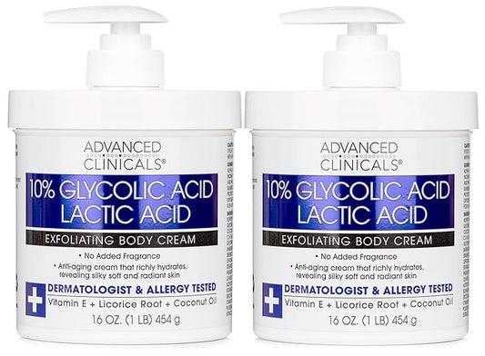 Advanced Clinicals 10% Glycolic Acid + Lactic Acid Lotion Exfoliant Moisturizing Cream With Hyaluronic Acid Moisturizer | AHA Exfoliating Body Cream Improves Look Of Uneven Rough Skin Texture, 2-Pack