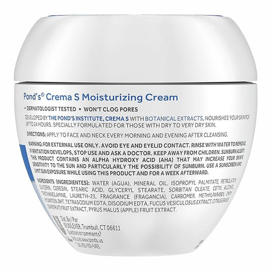 Pond's Crema S Nourishing Face Moisturizer for Women, Skin Care Facial Moisturizer Cream for Dry to Very Dry Skin, Nourishes for up to 24 hours 14.1 oz (Pack of 2)
