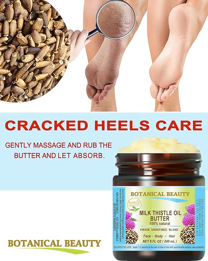 Botanical Beauty MILK THISTLE OIL BUTTER Silybum marianum 100% Natural for FACE, SKIN, BODY, HAIR, NAILS, Foot Care. Foot Oil butter, Skin Moisturizer (8 Fl Oz)
