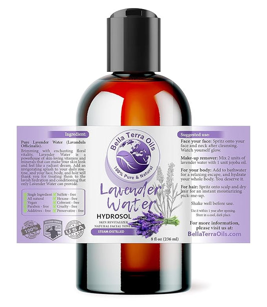 Bella Terra Oils - Lavender Water Spray 8 oz - Steam-Distilled Perfection, Bursting with Vitamin K & Omega-9, Elevate Your Skin Refreshment Routine