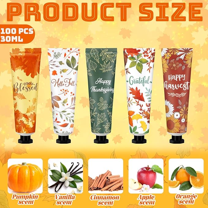 100 Pcs Fall Hand Lotion Bulk Gifts for Women Maple Leaves Hand Cream Gift Natural Botanical Fragrance Lotion for Chapped Hands 30ml Mini Travel Working Autumn Thanksgiving Party Supplies