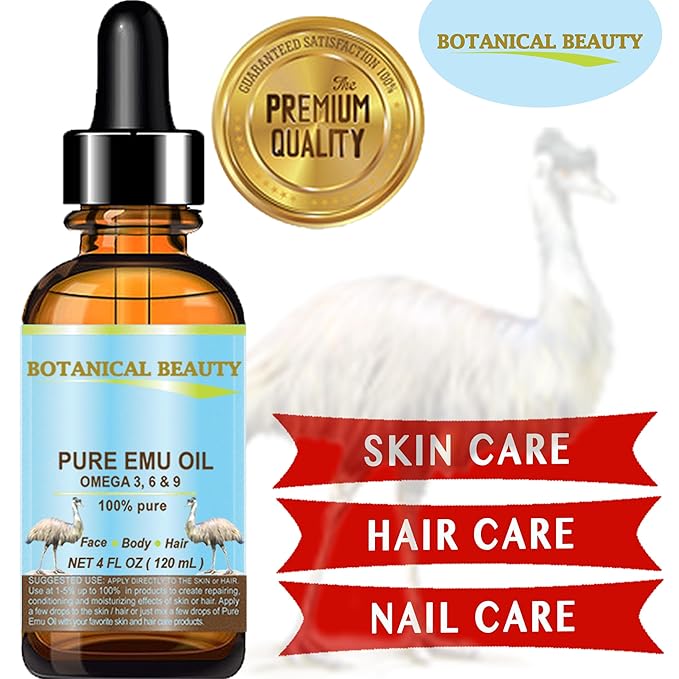 Botanical Beauty PURE EMU OIL 100% Natural Unrefined for Face, Skin, Body, Hands, Feet, Nails, Hair, Lip Care 4 Fl Oz - 120 ml