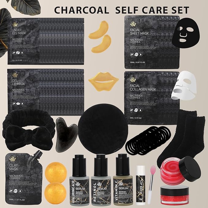 Charcoal Face Sheet Mask Pack, 55Pcs Skin Care Set for Women & Men, Hydrolyzed Real Collagen Mask, Hyaluronic Acid Face Serum, Gel Eye Patches, Gel Lip Mask, Lip Scrub, Christmas, Birthday Gift, Dad