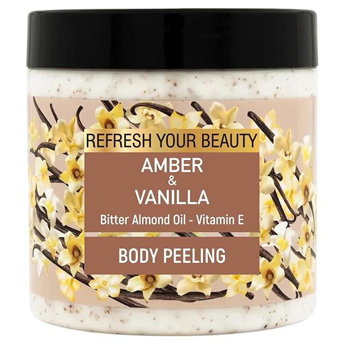 Body Scrub - Warm Vanilla & Amber Richness, Bitter Almond Oil, Nutshell & Apricot Kernel Granules and Vitamin E, Soft Peeling Effect, 16.9 fl.oz