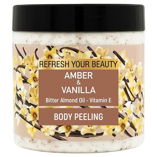 Body Scrub - Warm Vanilla & Amber Richness, Bitter Almond Oil, Nutshell & Apricot Kernel Granules and Vitamin E, Soft Peeling Effect, 16.9 fl.oz