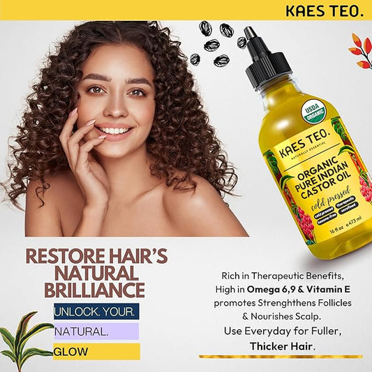 Cold Pressed Organic Castor Oil Hexane Free - 16 Fl Oz - 100% Pure, Natural - Premium Grade Carrier Oil for Hair Growth, Eyelashes and Eyebrows, Skin, Nails, Face & More, Castor Oil Packs