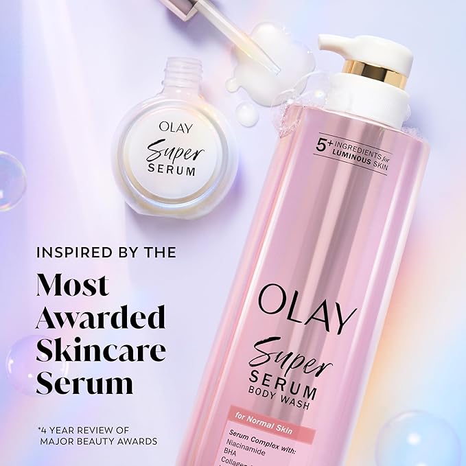 Olay Super Serum Body Wash for Normal Skin, 24hr Long Lasting Hydration, 5+ Ingredient Serum Complex for Bright Even Firm Luminous Skin, 18.5 fl oz