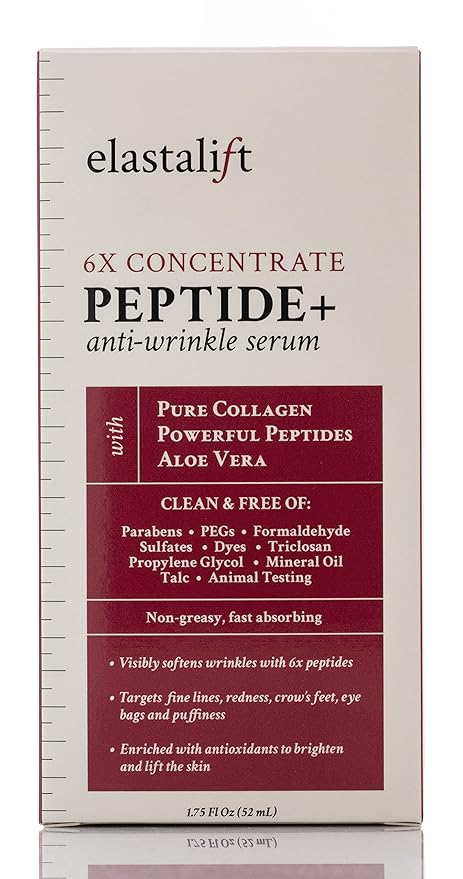 Elastalift Peptide Facial Serum Moisturizer Skin Care Oil For Face, Wrinkles, Fine Lines, & Puffiness. Moisturizing 6X Peptide Concentrate Serum W/Collagen Plumps, Lifts, Evens Skin Tone, 1.75 Fl Oz