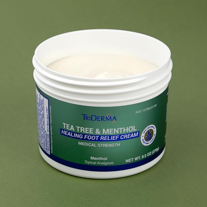 TriDerma Tea Tree Oil Foot Cream for Dry Cracked Feet, Itchy Skin, Tingling & Foot Pain with Menthol, Non-greasy 9.5 oz