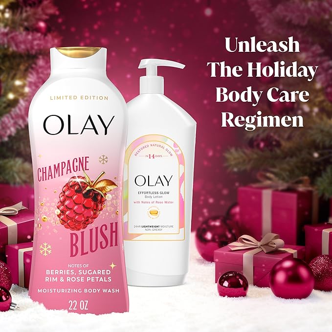 Olay Body Wash for Women, Hydrating & Moisturizing, Holiday Edition, With Plant Based Cleansers, B3 Complex, For All Skin Types, Champagne Blush with Berries Sugared Rim & Rose Petals Scent, 22 fl oz